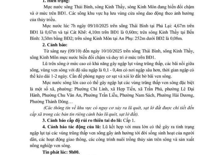TIN CẢNH BÁO LŨ TRÊN SÔNG THÁI BÌNH, SÔNG KINH THẦY, SÔNG KINH MÔN TP HẢI PHÒNG