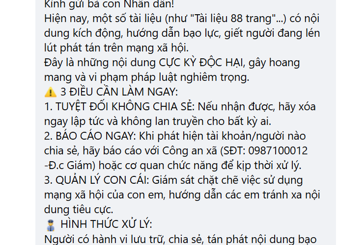 CÔNG AN XÃ TIÊN HƯNG CẢNH BÁO KHẨN CẤP VỀ NỘI DUNG “TÀI LIỆU 88 TRANG”