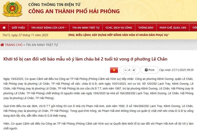 Khởi tố bảo mẫu vô ý làm cháu bé 2 tuổi tử vong ở phường Lê Chân