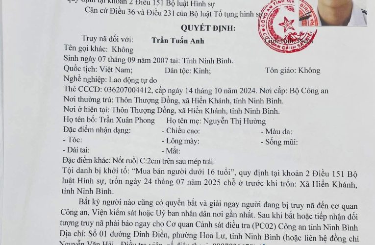 Công an Ninh Bình quyết định truy nã đối tượng m-ua b-án người